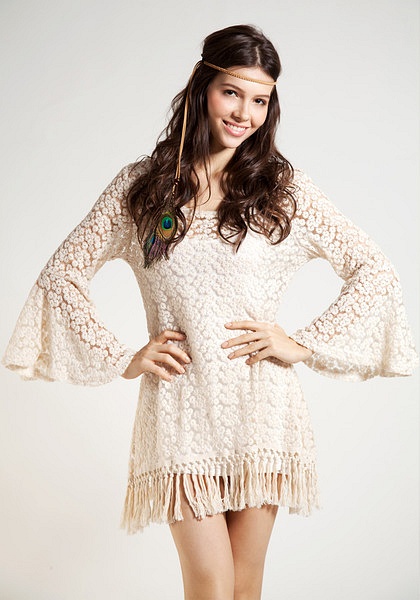 Crochet Short Tassels Dress - Beige