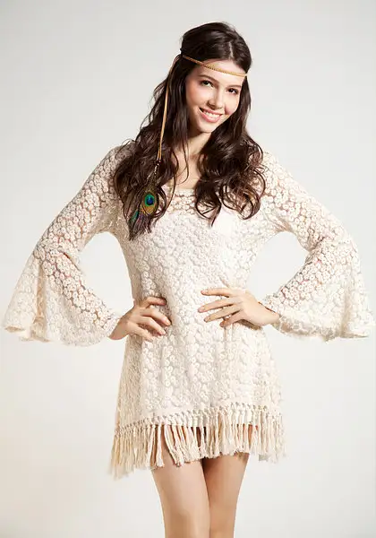 Crochet Short Tassels Dress - Beige by LookBookStore