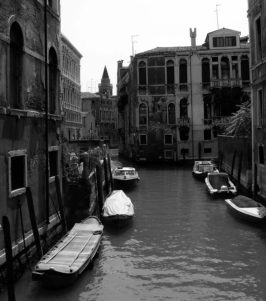 Serene Black and White Canal Scene in Venice