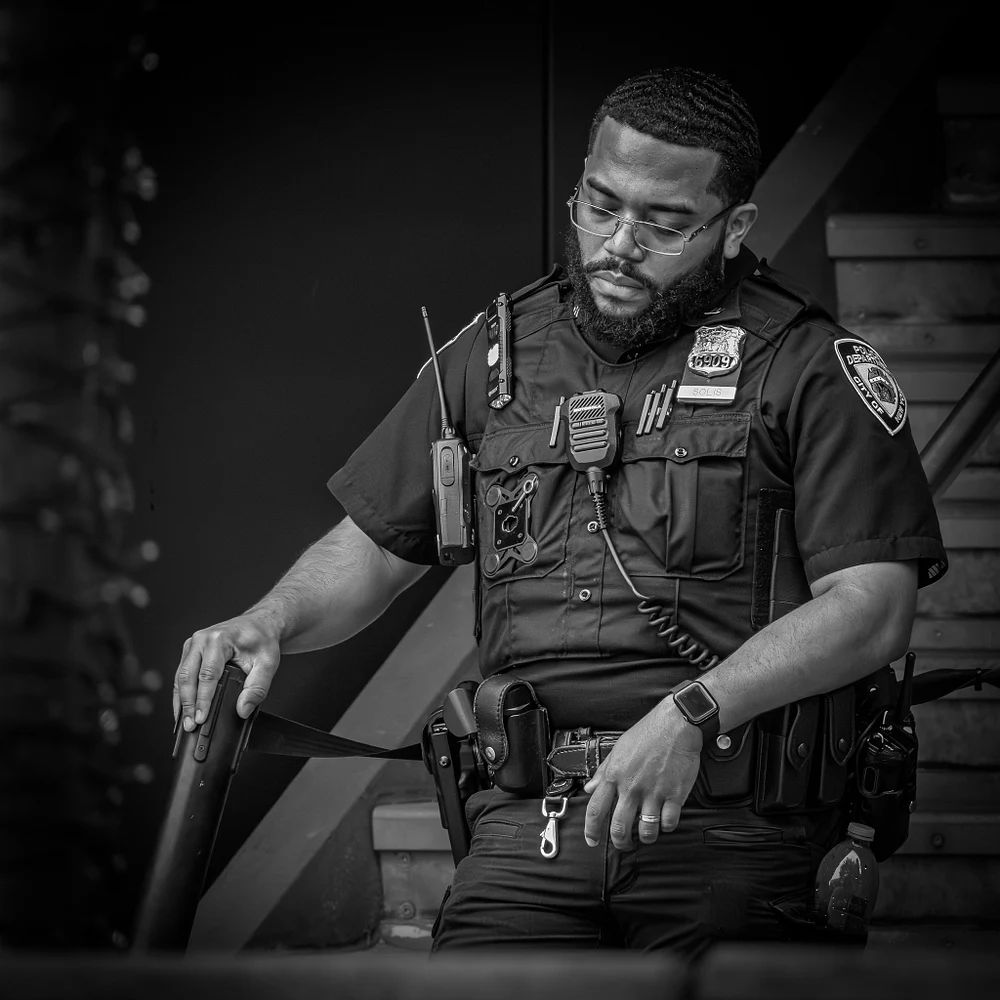 Thoughtful Security Officer in Urban Setting