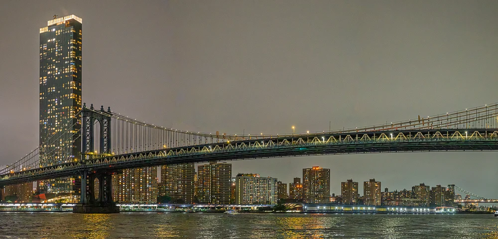 Manhattan Bridge at Night with City Lights