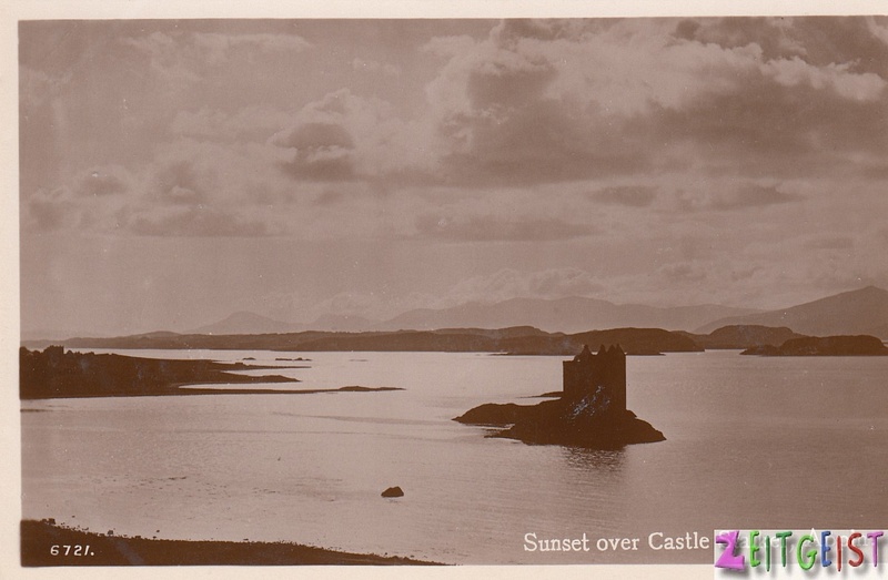 Sunset over Castle Stalker, Appin, vintage Scotland postcard