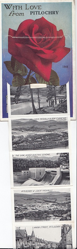 Pitlochry, Perthshire Scotland postcard with 12 photo fold out under flap