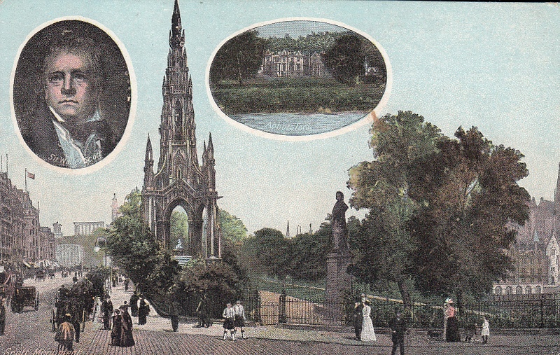 Scott Monument, Abbotsford & Walter Scott antique postcard - franked 1911