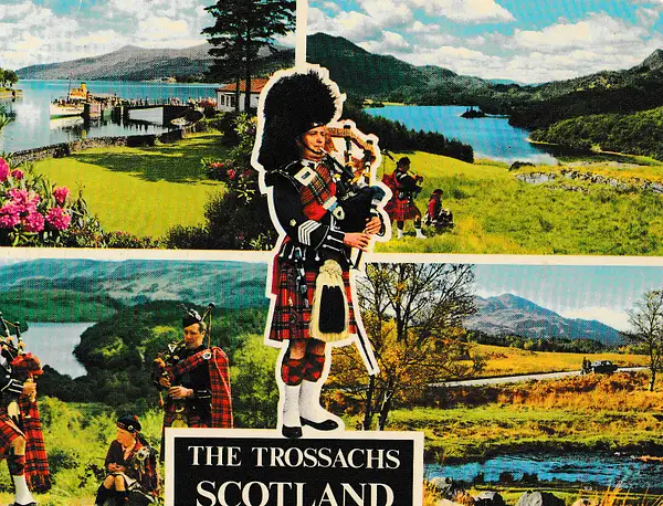 The Trossachs with pipers multiview- vintage Scotland...