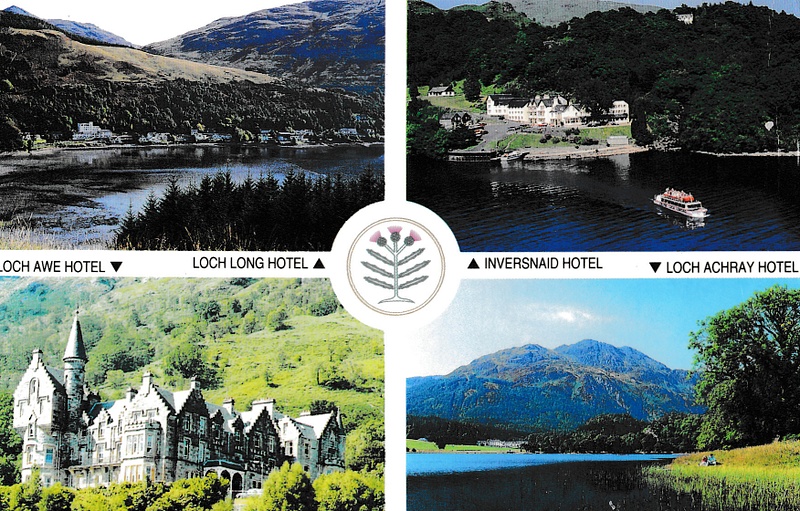 Loch Awe, Long, Achray, Inversnaid hotels multiview - vintage Scotland postcard