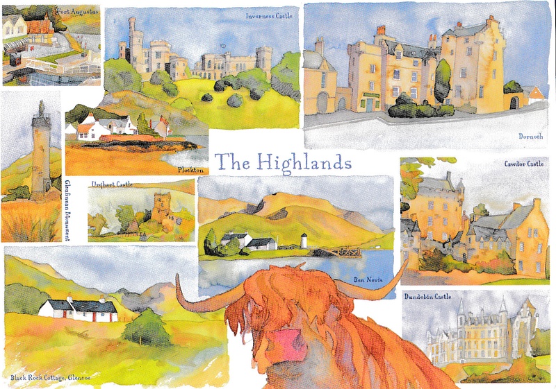 Scottish Highlands art multiview - vintage Scotland postcard