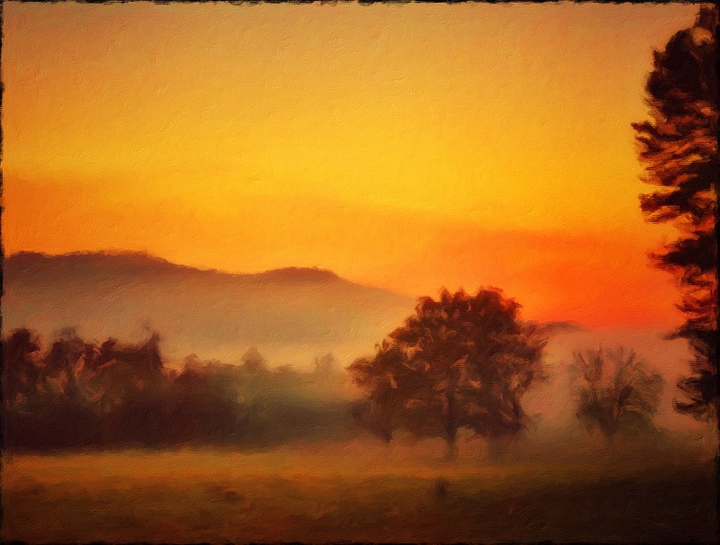 Fog is lifting at Sunrise in the Smoky Mountains made to look like a painting