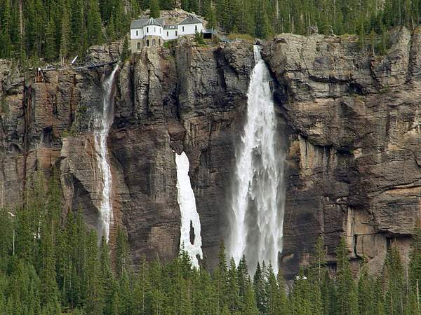 Old power station on top of Bridal Vail Falls,...