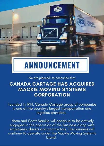 Canada  Cartage Acquires Mackie Moving . June 16 2022....
