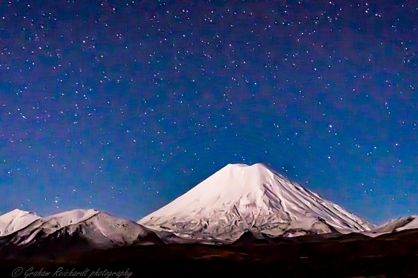 Mt Ngauruhoe from Chateau access rd Tongariro National park wit night sky background - Night Sky - Graham Reichardt 