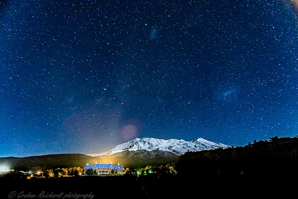 Mt Ruapehu with Chateau  superimposed onto night sky - Night Sky - Graham Reichardt