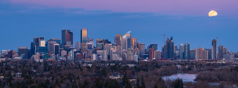 Panoramic Pink Moon Over Calgary, Alberta