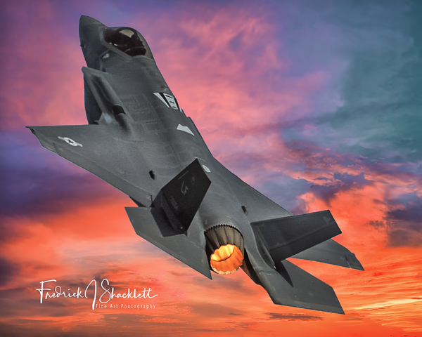 F35AfterburnClimboutSunsetNeo - Airshows - Fredrick Shacklett Fine Art Photography 