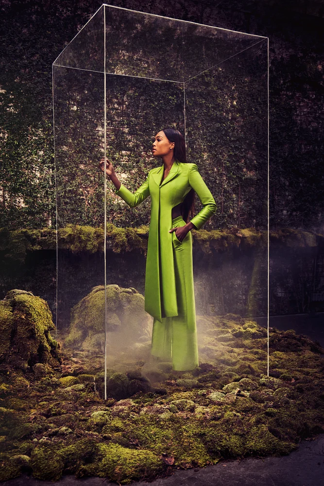 green transparent dress Elegant Fashion Model in Attire Surrounded by Nature - Terrarium: Harper's Bazaar Mexico Web Collection: Transitional to AW36