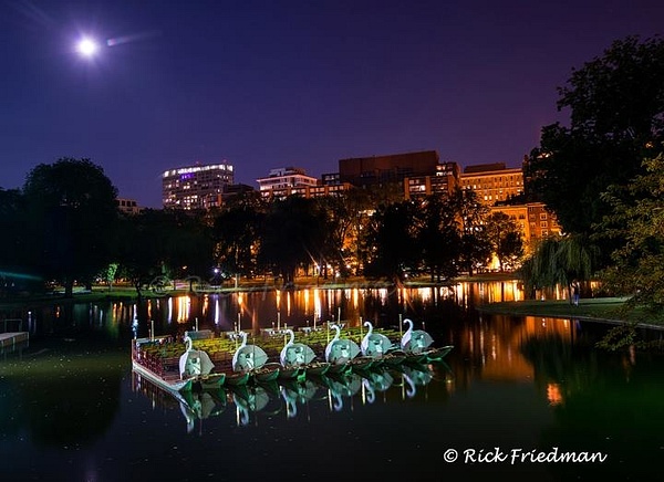 Night photo of Swan Boats tied up in the  Swan Pond in Boston  Public Garden - Scenics and Long exposures - Rick Friedman Photography 