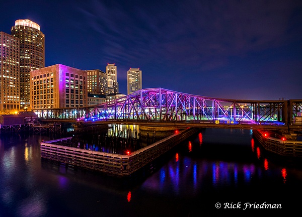 Old Northern Ave.bridge from downtown Boston to South Boston, lit at night - Rick Friedman Photography