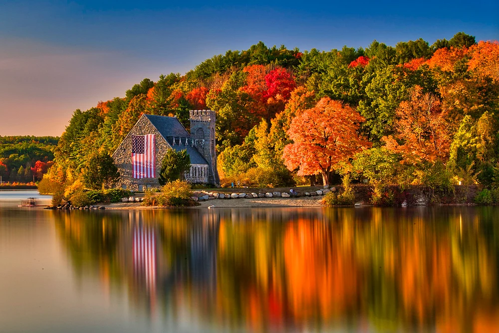 Fall foliage around Old Stone Church , West Boylston, MA by Rick Friedman