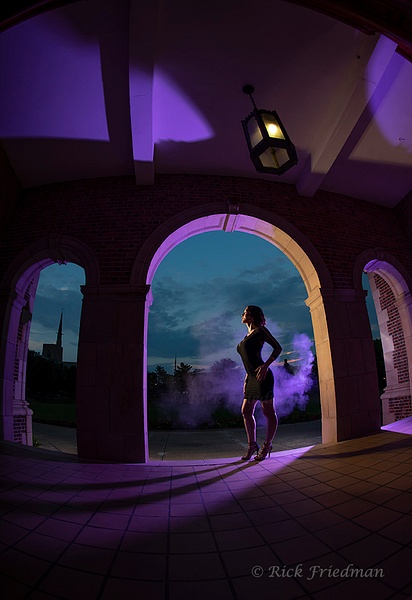Model Casandra Aileen purple outdoor arch doorway at Hobart &amp; William Smith College in Geneva, NY by Rick Friedman - Rick Friedman Photography 
