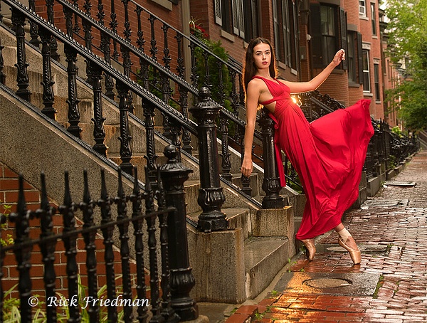 Ballerina in red dress on brick sidewalk in front of  historic Brownstone in Boston South End Historic District by Rick Friedman - Models - Rick Friedman Photography 