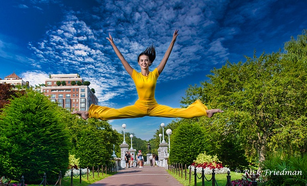 Ballerina in yellow jump suit leaping at Boston Public Garden by Rick Friedman - Models - Rick Friedman Photography 