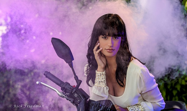 Model in white top with purple smoke  from Rosco by Rick Friedman - Models - Rick Friedman Photography