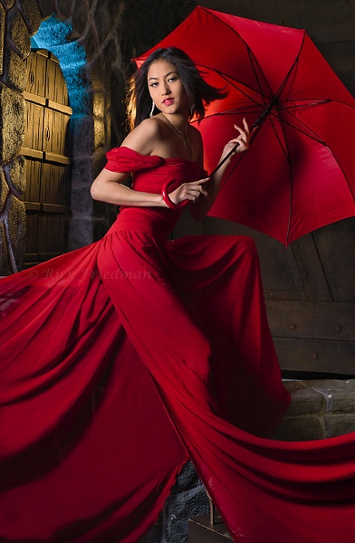 Model Cataleya in SewTrendy red dress with red umbrella by Rick Friedman - Rick & Rick Photo Workshops