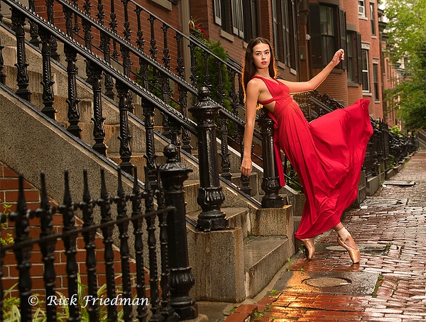 Ballerina in red dress in historic South End, Boston by Rick Friedman - Rick & Rick Photo Workshops