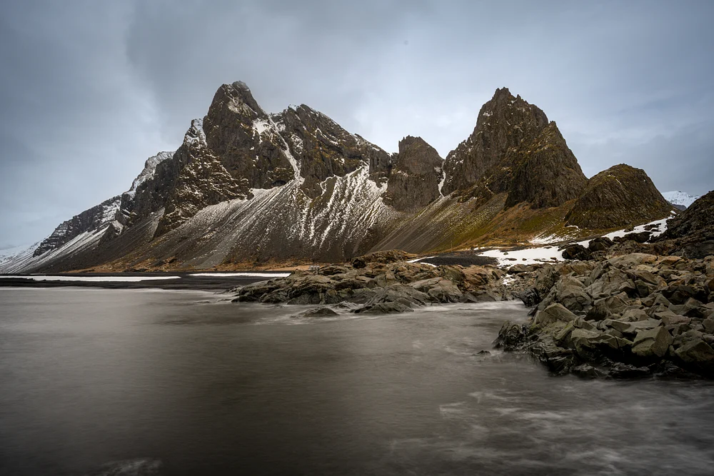 Majestic Eystrahorn Mountain Under Cloudy Skies