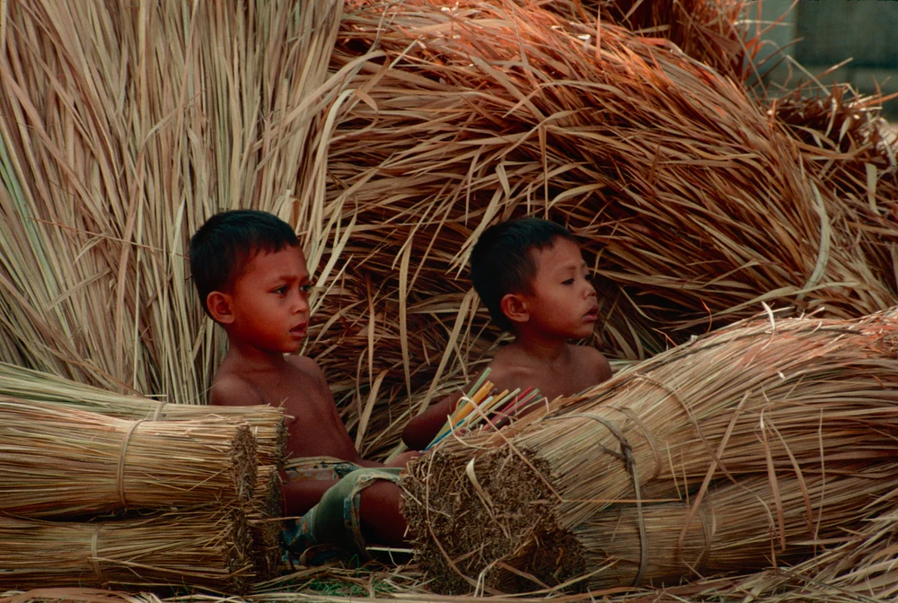 Playful Children Amidst Straw Bundles in 1989