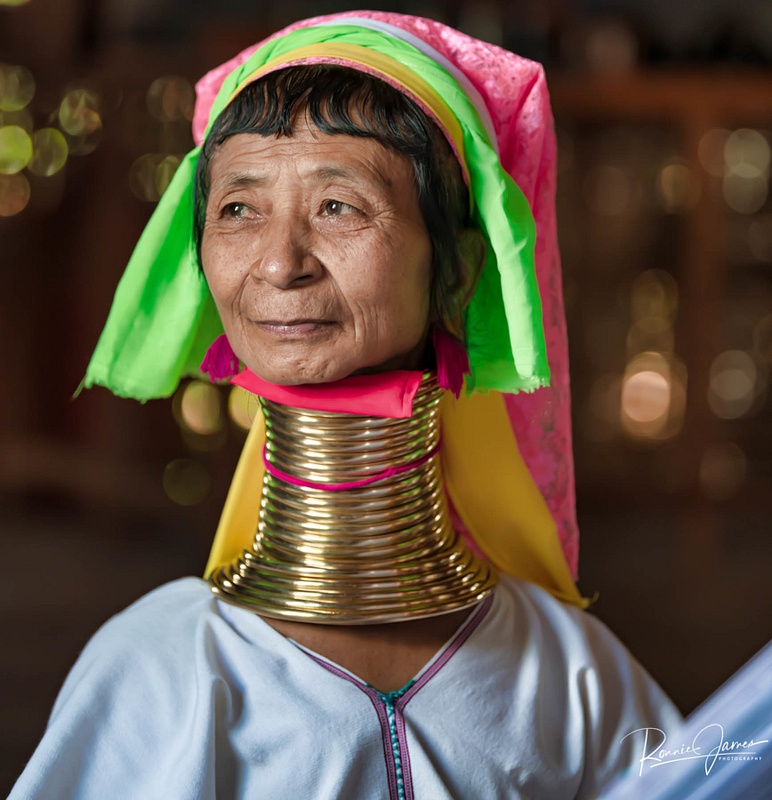 Woman of the Kayan Tribe (aka Longneck women) wearing brass neck rings, Myanmar