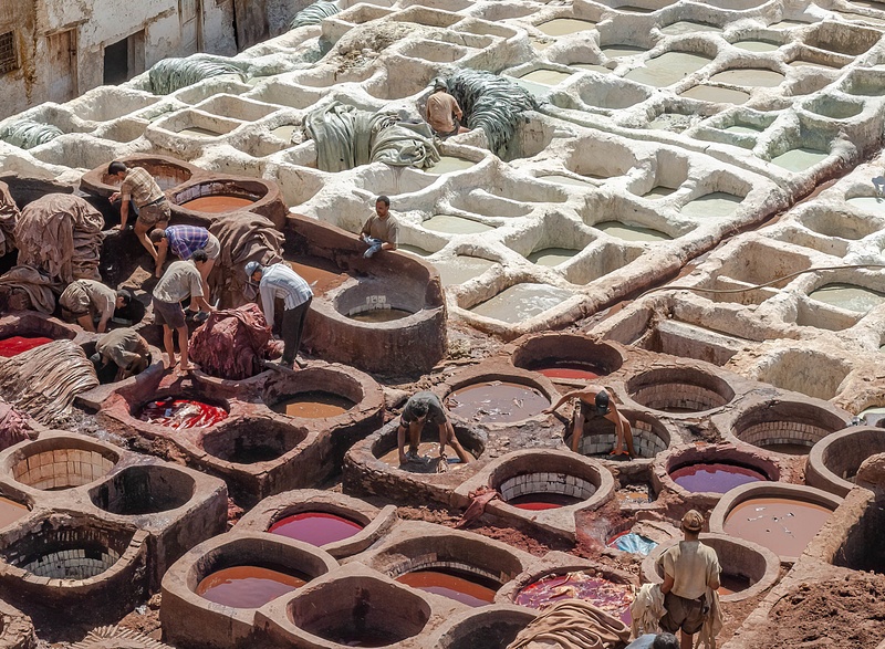 The Chouara Tannery where animal skins and hides are processed to make leather,  Fes (Fez) Morocco