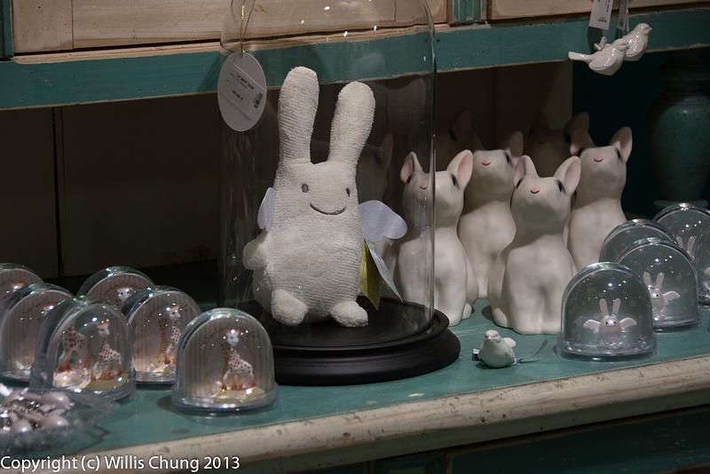 Stuffed rabbit under glass
