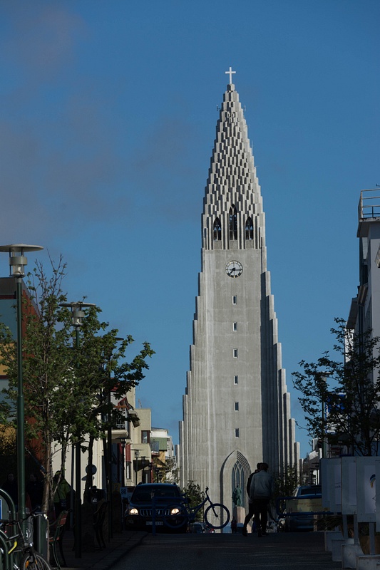 The Hallgrimskirkja appears at the top of many streets in this part of Reykjavik