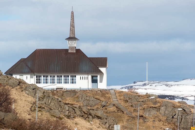 Hólmavíkurkirkja, church at Hólmavík, made of concrete in 1968. Roof not red!
