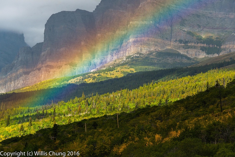Rainbow and bands of light and shadow, Many Glaciers region, Glacier Natl Park