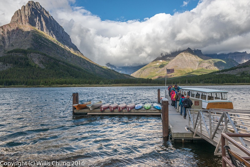 Boarding the boat to cross Swiftcurrent Lake at the Many Glaciers Lodge.