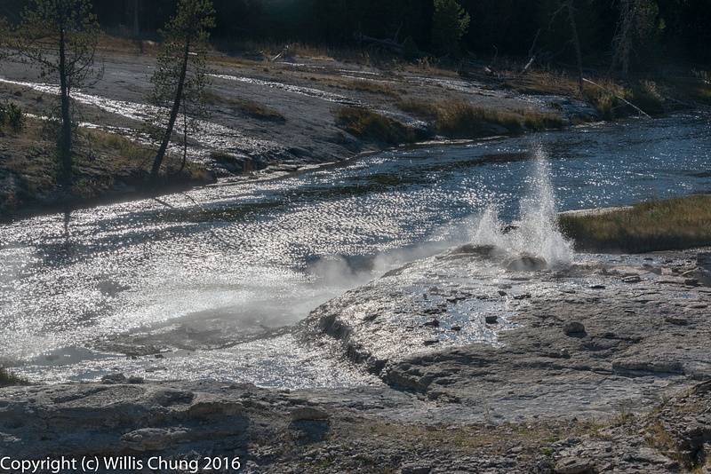 Mortar and Fan Geysers next to the Firehole River.