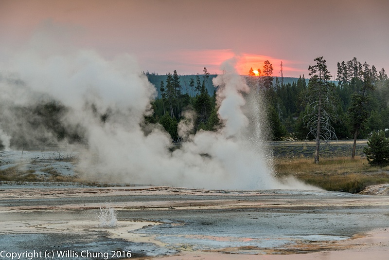 Cliff Geyser in the background and UNNG-BSB-5 (small geyser) in the foreground as the sun rises.