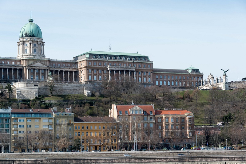 Pretty apartment buildings on the west side of the Danube below Buda Castle.