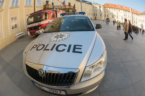 Skoda police car, responding to the fire alarm,...