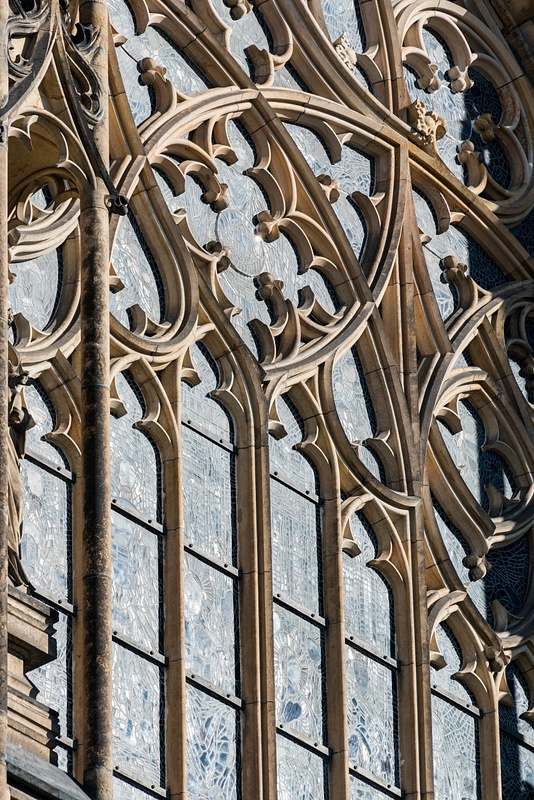 Detail of the stained glass window at the Golden Gate  on the south transept from the outside.