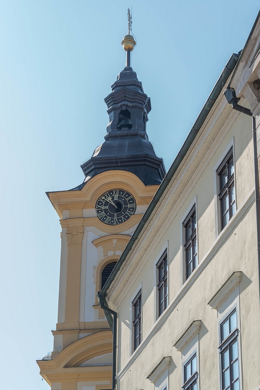 Town Hall clock tower on a pretty square in east Písek.