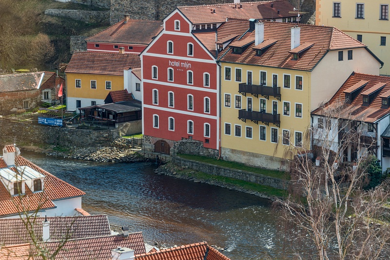 Hotel Mlýn along the south bank of the Vltava River