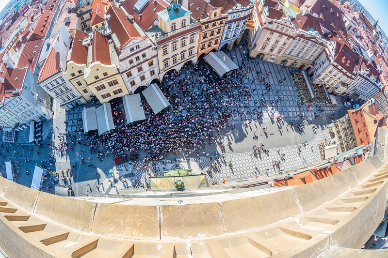 The crowd waiting for the Astronomical Clock to strike the hour. 1 minute to go.