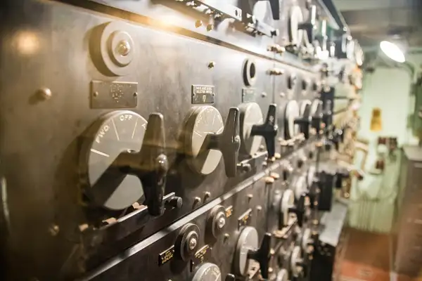 Inside the USS Massachusetts, a large electrical switch...