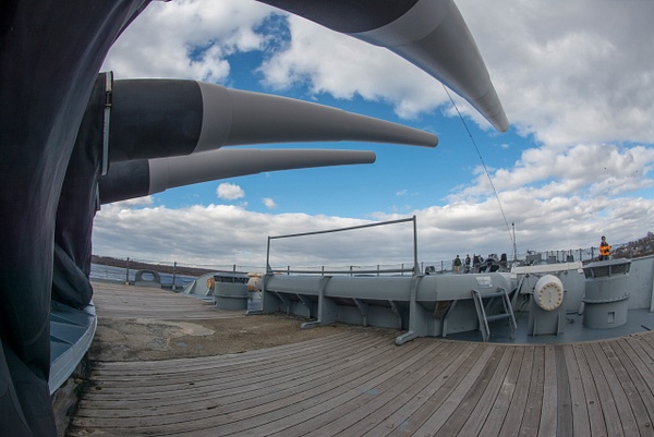 Under the 16 inch guns of Turret 1 looking forward. by...