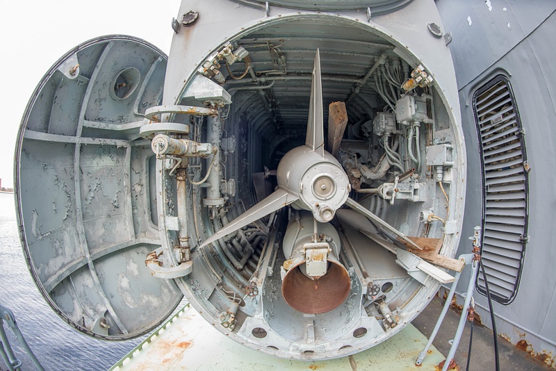 Rear view of the Styx missile in the port launcher aboard the Hiddensee.