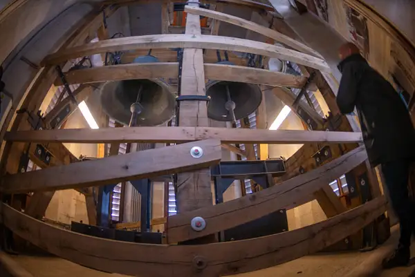 Lower bell chamber with mechanisms to ring the bells. by...
