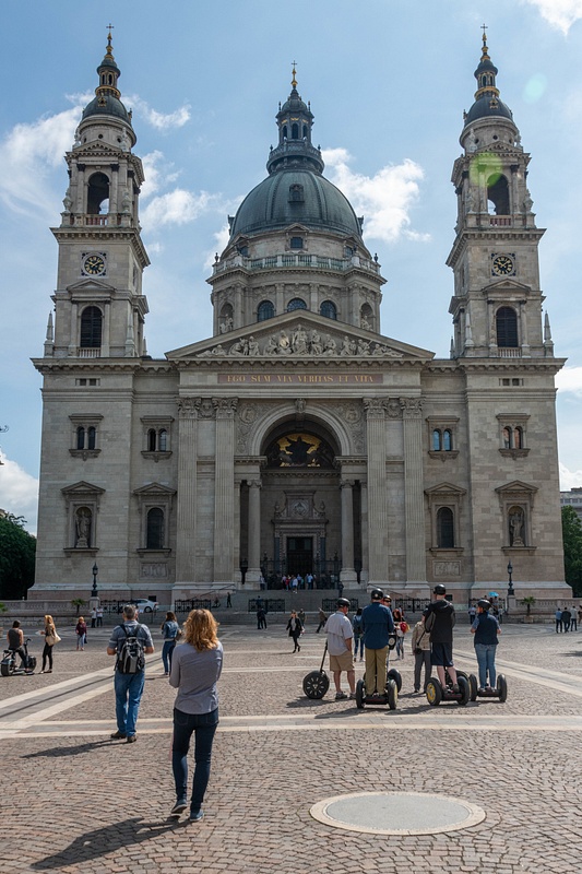 St. Stephen's Basilica, crossing Szent István tér from the west. A Segway huddle taking place.